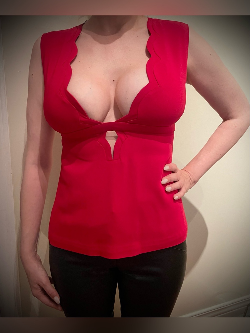 A.L.C. Scalloped V-Neck Keyhole Camisole in Red